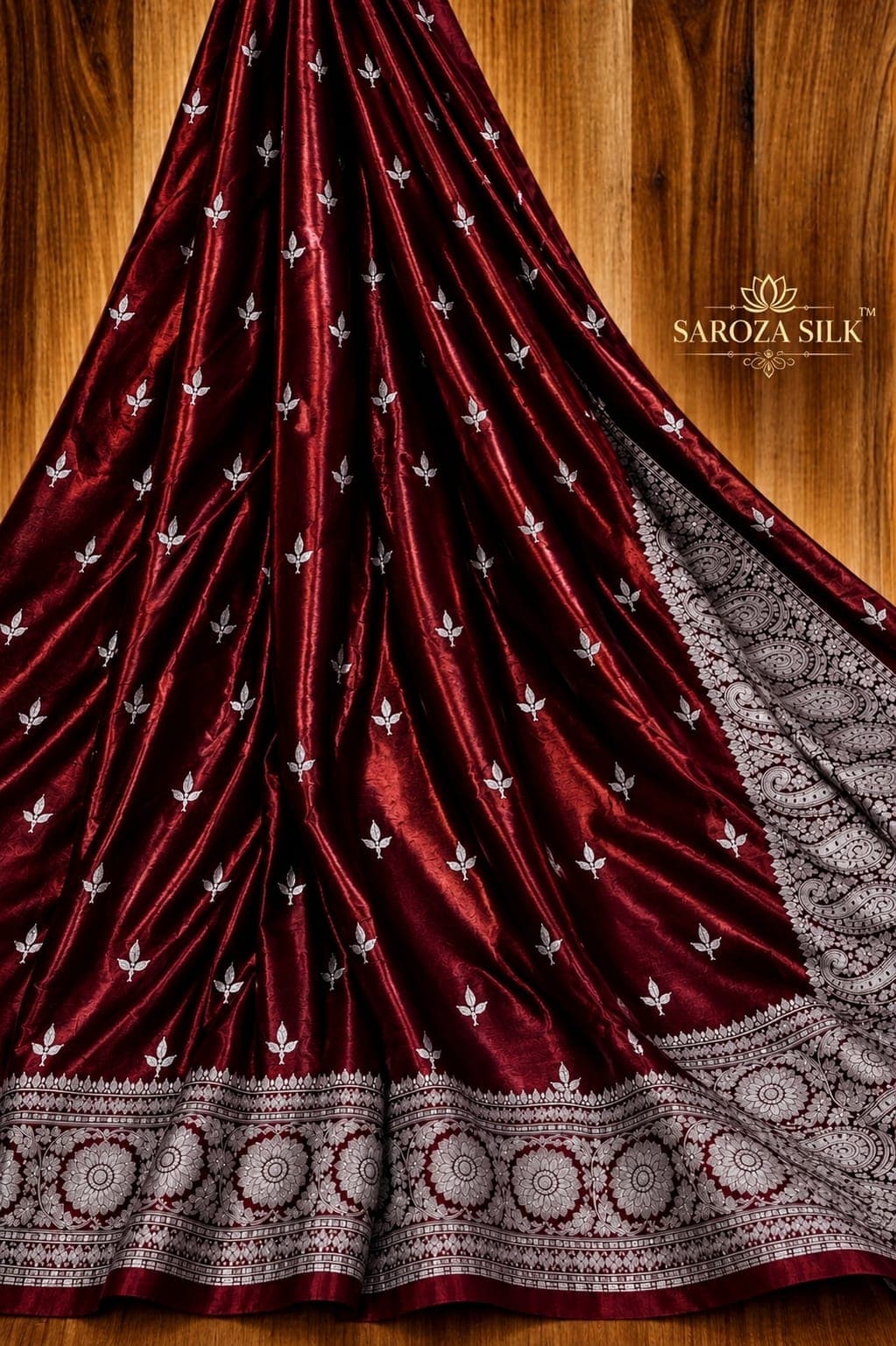 Banarasi satin silk soft saree with Full 380 CM silver zari embroidery work with running plain silver border blouse