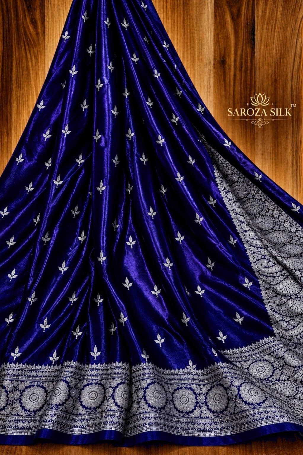 Banarasi satin silk soft saree with Full 380 CM silver zari embroidery work with running plain silver border blouse – Navy Blue