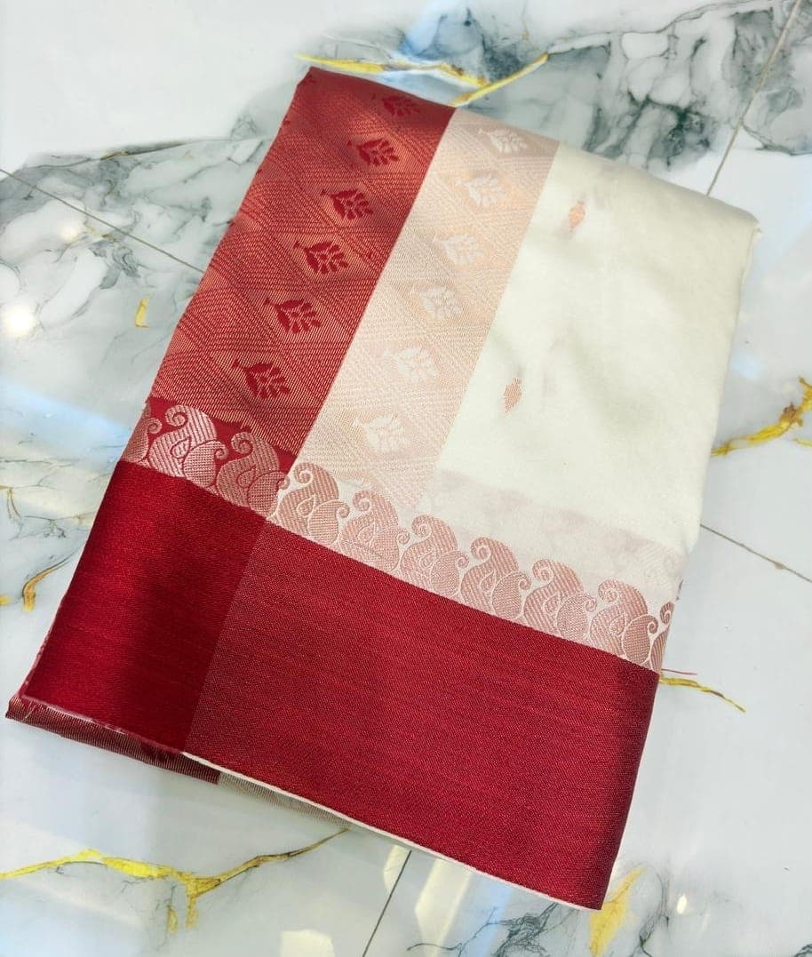 Kanjeevaram Silk Saree in Ivory Cream with Rich Copper Zari Pallu & Separate Red Blouse – Festive & Wedding Collection