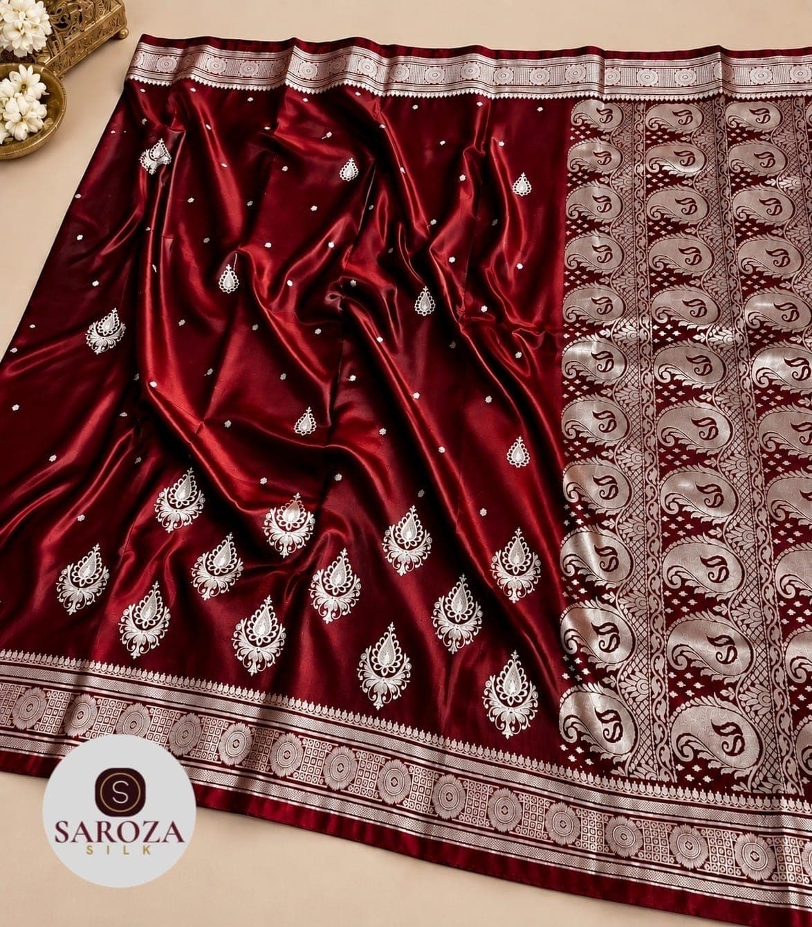 Banarasi Satin Silk Saree with Silver Zari Embroidery & Rich Floral Zari Pallu – Maroon