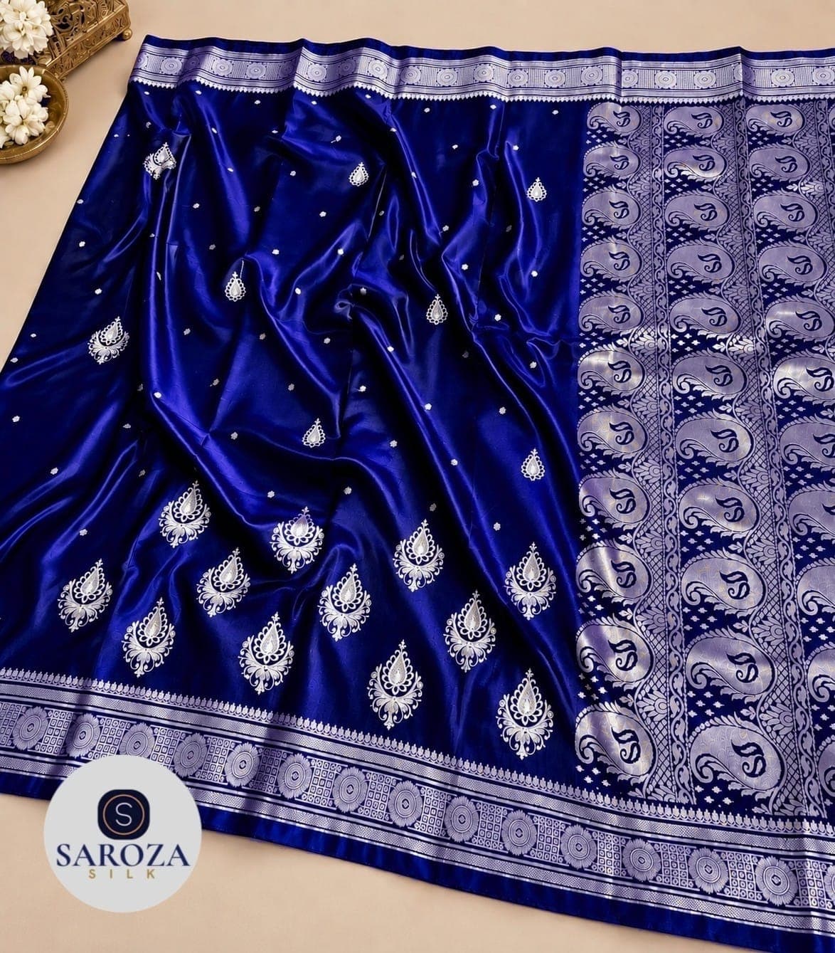 Banarasi Satin Silk Saree with Silver Zari Embroidery & Rich Floral Zari Pallu – Navy Blue