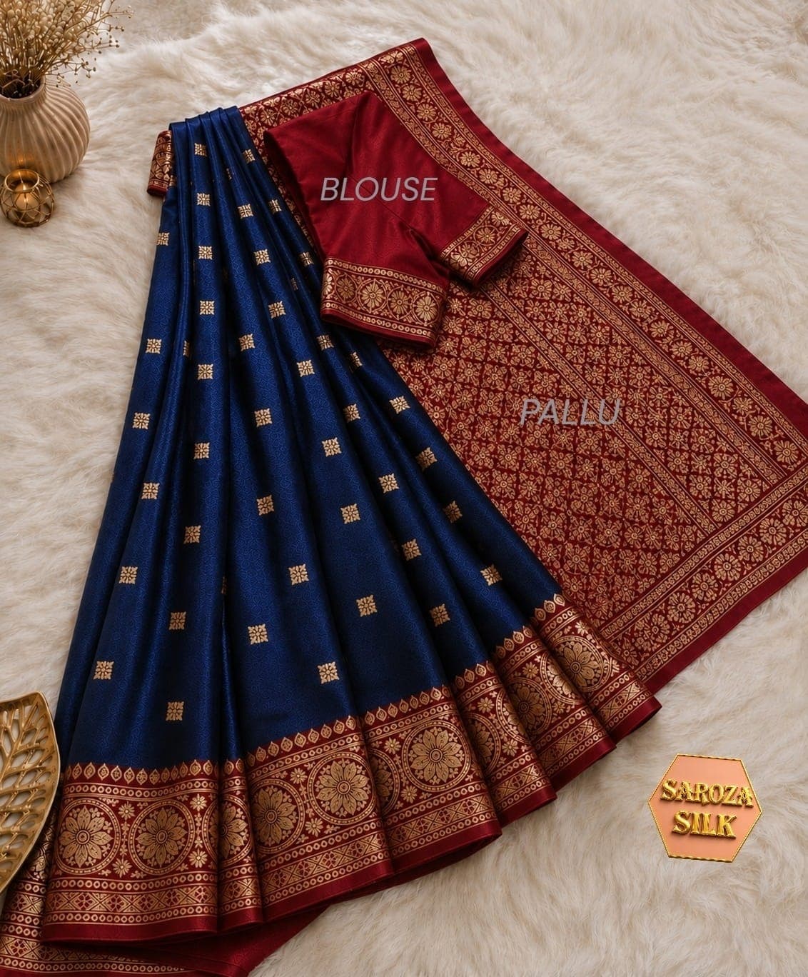 BANARSI SATIN SILK SAREEWITH PISTA GOLD ZARI EMBROIDERY WITH BLOUSE IN RICH CONTRASTING PALUU