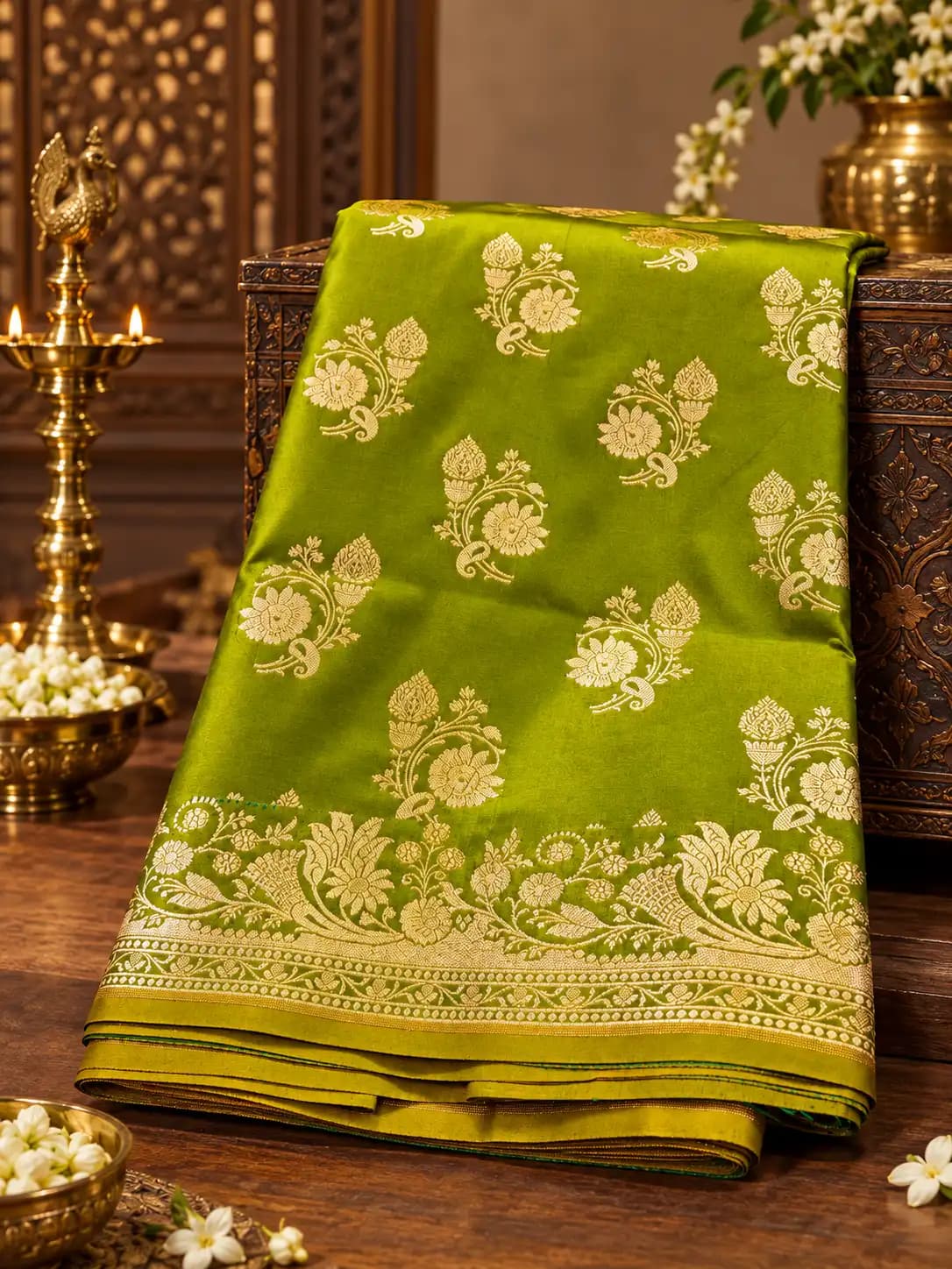 Mehndi Green Banarasi Katan Silk Saree