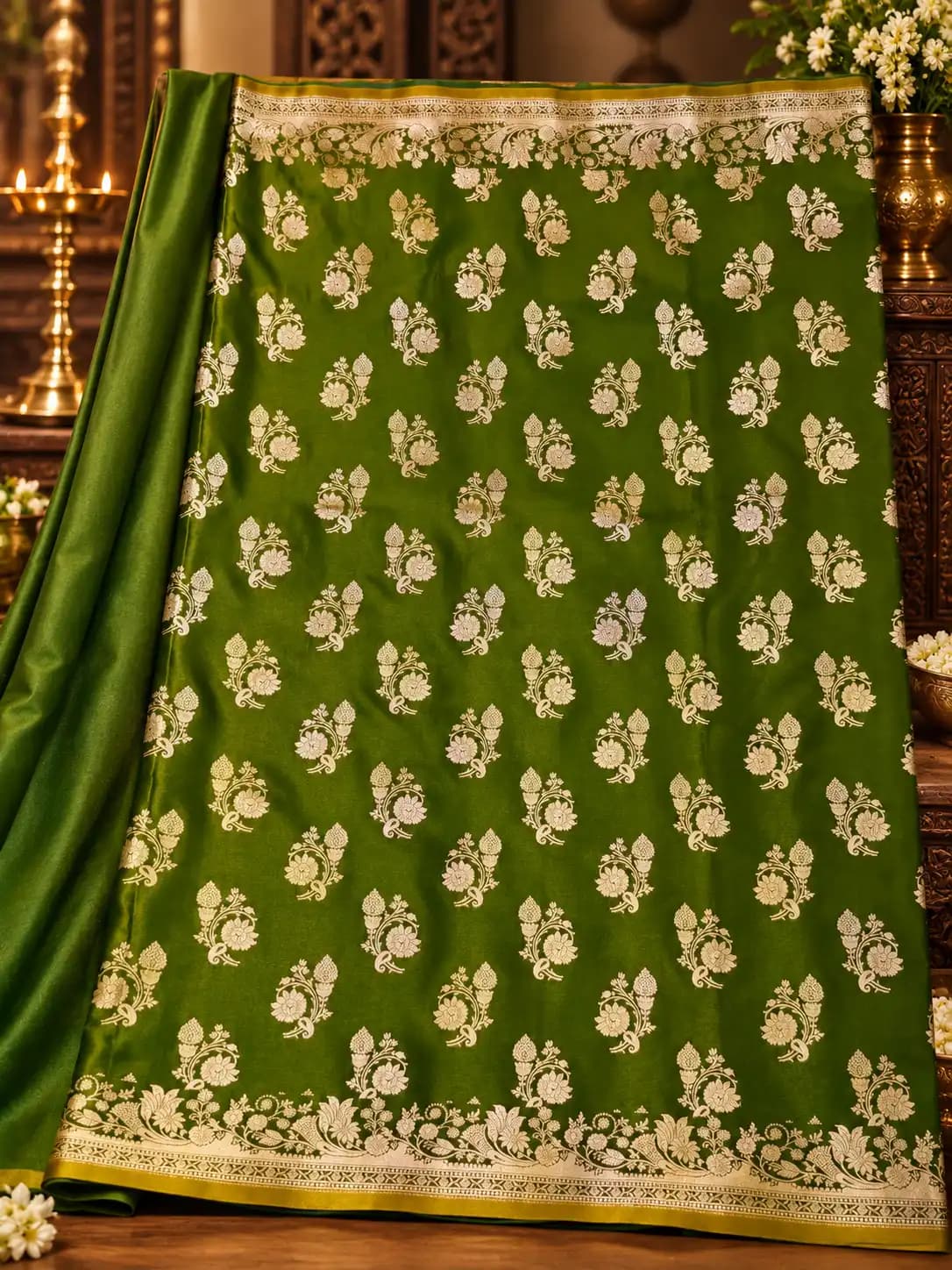 Mehndi Green Banarasi Katan Silk Saree