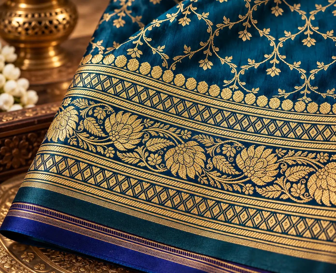 Peacock Blue Banarasi Katan Silk Saree