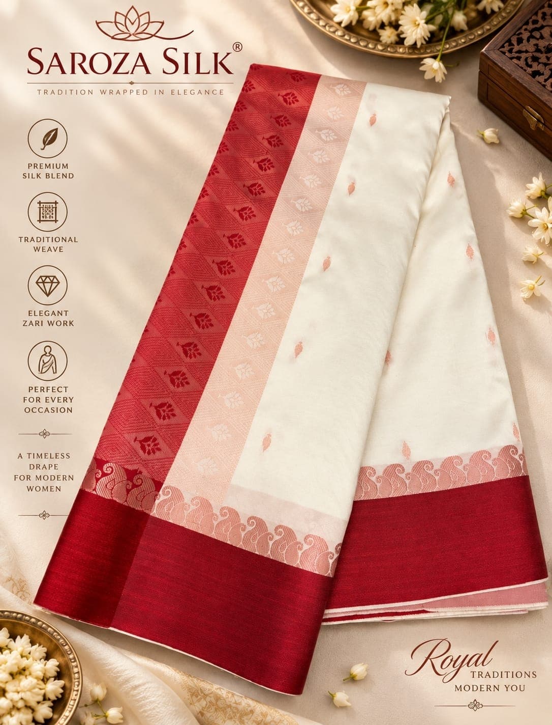 Kanjeevaram Silk Saree in Ivory Cream with Rich Copper Zari Pallu & Separate Red Blouse – Festive & Wedding Collection